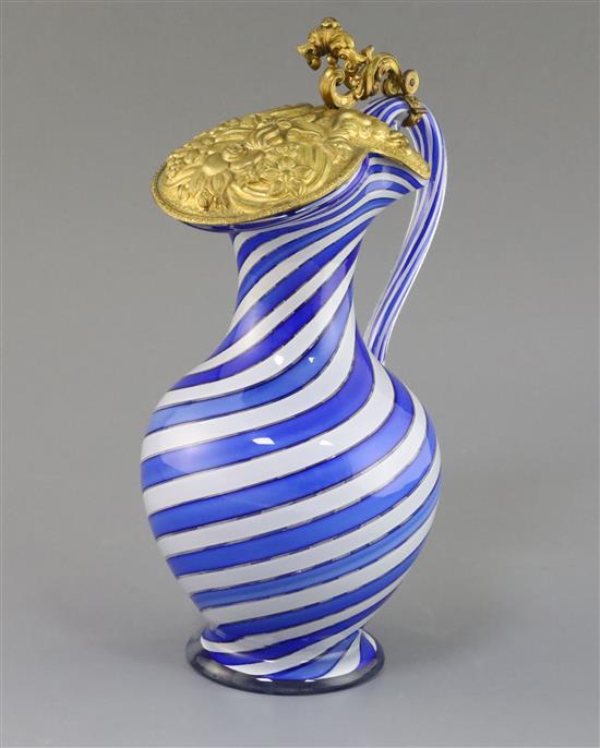 A French blue and white swirl glass ewer, possibly Clichy, mid 19th century, H.29.5cm